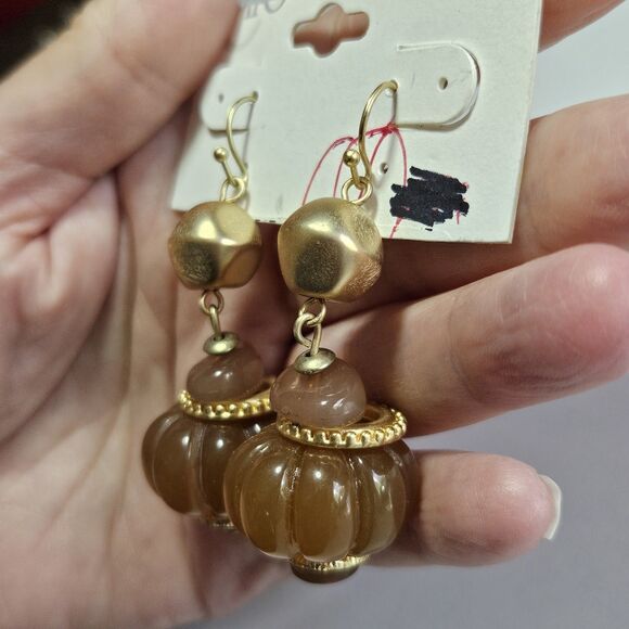 Cato Gold Tone Chunky Tan Beaded Dangling Earrings - Picture 2 of 14